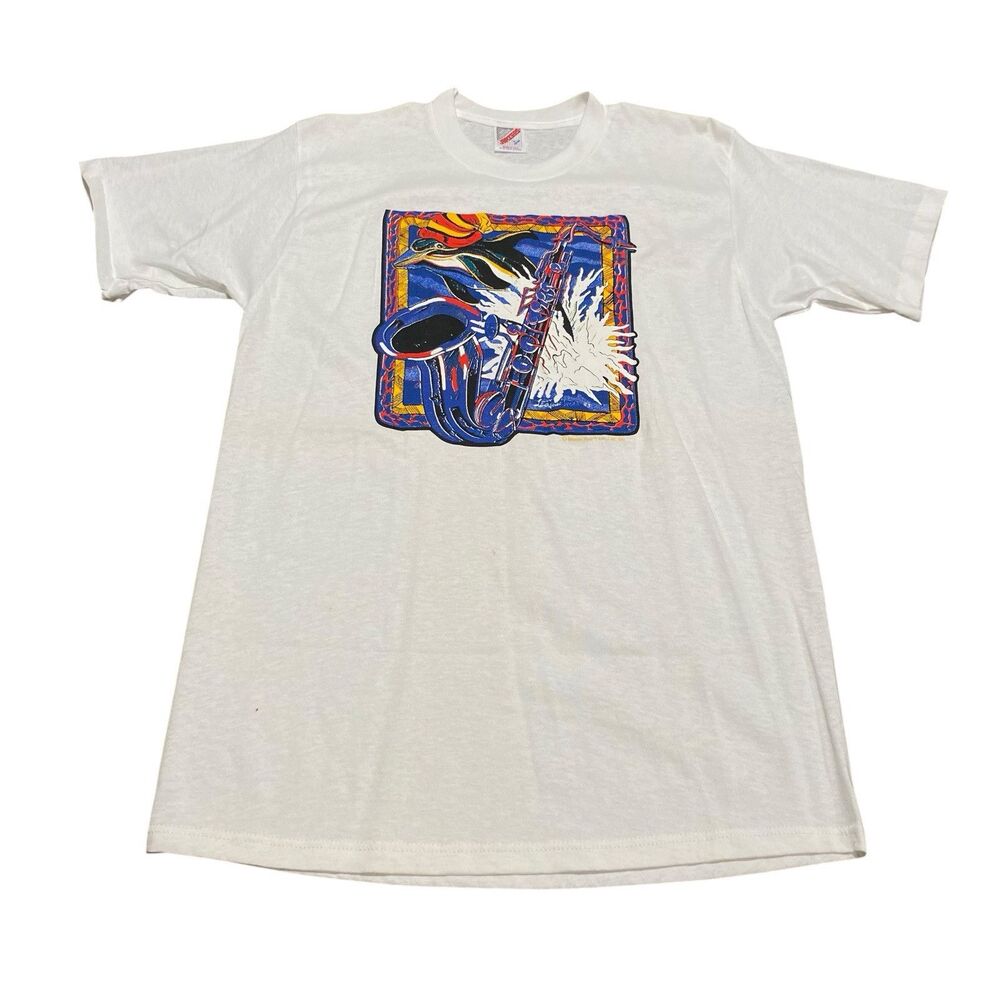 Vintage Music Art Nature Tee Shirt Top Single Stitch M Y2K 90s Dolphin Saxophone